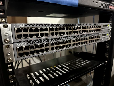 Juniper EX 4300 EX4300-48P 2 Switch LOT Cluster DAC Cables 21.4R3-S10 48 PoE - Image 1 of 4