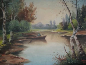 1926 FISHING BOAT on a RIVER Polish OIl Painting CERWENKA (Poland 20th) antique - Picture 1 of 9