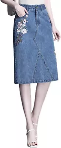 Women's Chic High Waist Split Floral Embroidery A Line Midi Denim Skirt S - Picture 1 of 8