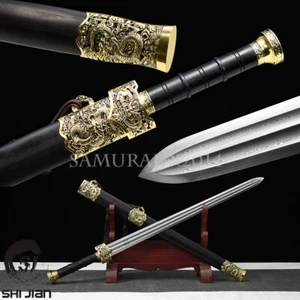 Ebony Chinese Sword Folded Steel double edge Straight Jian Gold Dragon Fittings - Picture 1 of 12