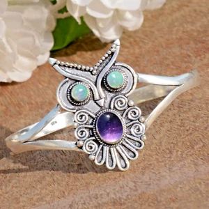 Amethyst & Fire Opal Gemstone 925 Sterling Silver Owl Bracelet For Birthday Gift - Picture 1 of 9