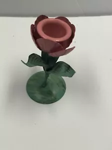 Portacandele vintage in metallo con fiori di tulipano rosa verde foglie pieghevoli - Foto 1 di 8