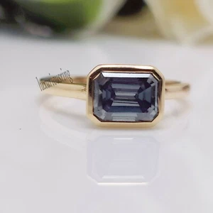 10k Solid Yellow Gold 1.04Ct Dark Grey Emerald Cut Moissanite Bezel Wedding Ring - Picture 1 of 9
