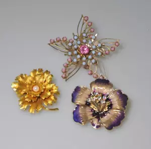 Brooch LOT Pansy Flower Purple Enamel rhinestone cab ab faux pearl blue AV29 - Picture 1 of 13