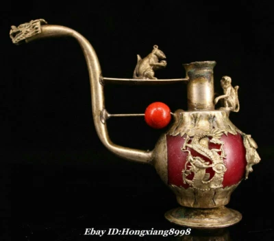 3.9" Antiguo China Rojo Jade Plata Ratón Mono Dragón Cabeza de Bestia Vino Tetera Bandera Foto 1 de 4