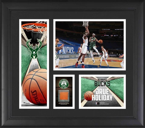 Jrue Holiday Milwaukee Bucks FRMD 15x17 Collage w/Piece Team Used Basketball Cover