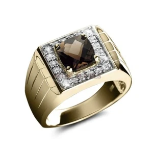 Natural Smoky Quartz Gemstone With 14K Gold Plated Silver Ring For Men's #1462 - Picture 1 of 12