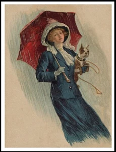 BOSTON TERRIER & ELEGANT LADY IN THE RAIN VINTAGE STYLE A4 DOG ART PRINT POSTER - Picture 1 of 1