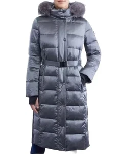 MICHAEL KORS Women's Shine Belted Faux-Fur-Trim Hooded Puffer Gray Coat Size Med - Picture 1 of 5