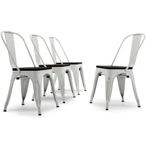 Metal Style Set of 4 Wood Seat Cafe Dining Chairs Stool Stackable Antique White - Picture 1 of 6