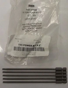 Irwin T15 Torx Power Bit 1/4" Hex Drive, 6" OAL 5pcs. 93368 - Picture 1 of 1