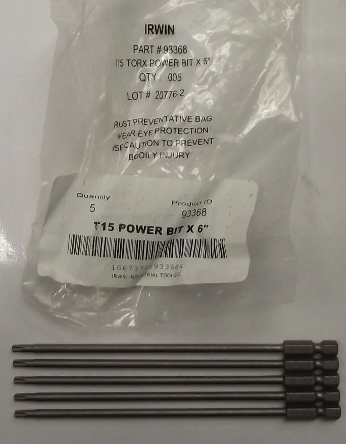 Irwin T15 Torx Power Bit 1/4" Hex Drive, 6" OAL 5pcs. 93368 - Image 1 of 1