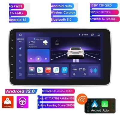 10.1" Rotatable Single 1 DIN Car Stereo Radio Android 12 6G+64GB Carplay GPS DSP - Image 1 of 4