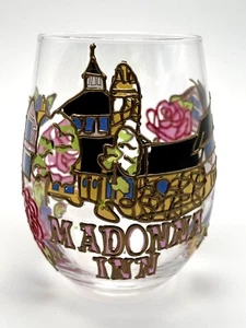 Hand Painted Stemless Wine Glass Madonna Inn San Luis Obispo Restaurant Hotel CA - Picture 1 of 5