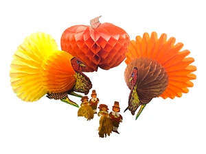 Vtg Honeycomb Die Cut Thanksgiving 2 Turkey 2 Pilgrim Pumpkin Hallmark Beistle - Picture 1 of 12