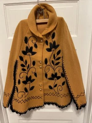 Capa de Lana DE COLECCIÓN HECHA A MANO BORDADA CREWEL FLORAL Étnica BOHO DORADO NEGRO M/L Foto 1 de 4