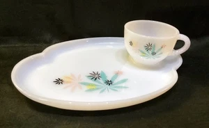 50er Federal Glas Terrasse Snack Set Atomic Flower 8 Teller, 8 Tassen - 2 Sets in Box - Bild 1 von 6