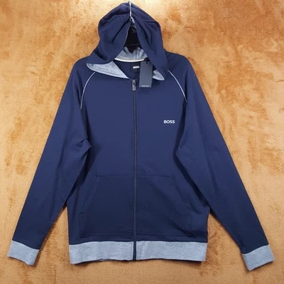Sudadera con Capucha HUGO BOSS Para Hombre Pequeña Azul Cremallera Gris Contraste Algodón Elástico Informal Foto 1 de 4