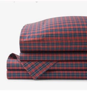 The Company Store Company Cotton Red/Navy Plaid Cotton Percale Full Sheet Set - Picture 1 of 4
