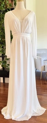 Vestido de novia vintage blanco años 60 70 manga campana talla 12 profundo V simple marfil Foto 1 de 4