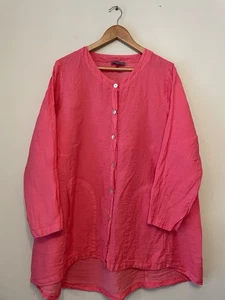 Sahara Linen Mix Blouse Size Large Bright Pink Relaxed Boxy 3/4 Sleeve Pockets - Picture 1 of 12