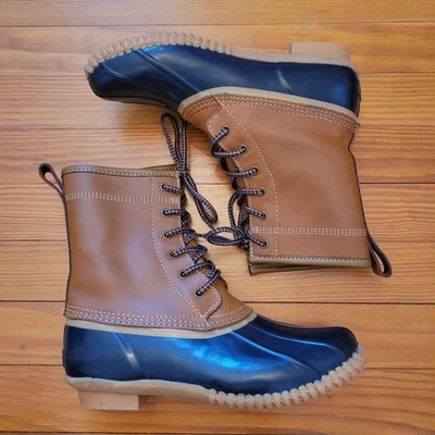 Lands End Botas de Pato de Goma Impermeables 7 Marrón Azul Con Cordones Primavera Cuero Foto 1 de 4
