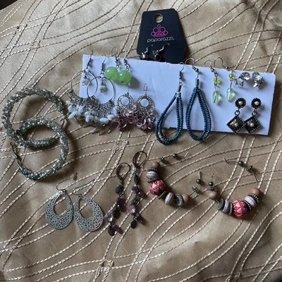 Assorted lot of 12 Dangle Hoop hook Earrings Paparazzi Silver bronze Beads - Image 1 of 4