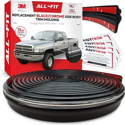 ALL-FIT Black Chrome Side Molding Trim 94-97 Dodge Ram 1500 2500 3500 26Ft - Image 1 of 4