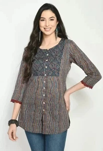 Abito tunica Kurta Kurti top donna indiano multicolore puro cotone stampato... - Foto 1 di 5