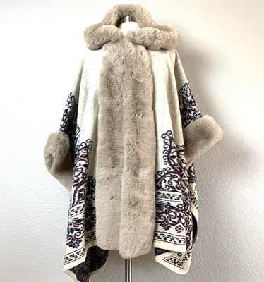 Poncho Capa Con Capucha Para Mujer Talla Única Imitación Piel Borgoña Fair Isle Nuevo Con Etiquetas Foto 1 de 4