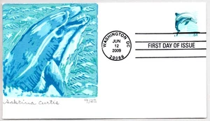 #4388 DOLPHIN STAMP FIRST DAY OF ISSUE, CURTIS BLOCK PRINT ARTWORK FDC *25 MADE - Picture 1 of 1