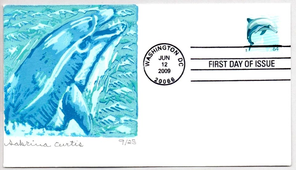 #4388 DOLPHIN STAMP FIRST DAY OF ISSUE, CURTIS BLOCK PRINT ARTWORK FDC *25 MADE - Image 1 of 1