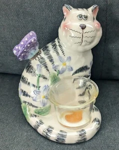 Whimsical Ceramic Cat With Butterfly And Votive Candle Holder 5.5" - Picture 1 of 13