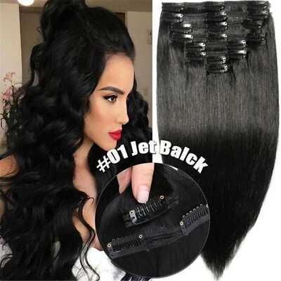 Lo último 75 g 7 piezas clip negro azabache extensión de cabello humano 100 % real Remy oferta de cabeza completa Foto 1 de 4
