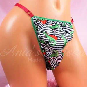 Satin Sissy CHRISTMAS Panties MEN's ADJUSTABLE Tree Red Dinosaur Triangle THONG - Picture 1 of 2