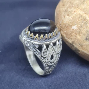 Engraved Vintage Handmade Men's Ring Sterling Silver Black Onyx Stone Size 9 - Picture 1 of 5