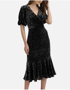 Shoshanna Collette Black & Gray Velvet Dot Midi Dress - Size 8 - Picture 1 of 11