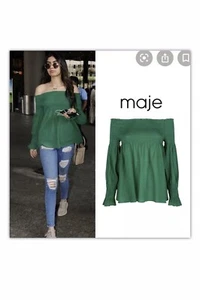 220 $ Maje Damen neu Gr. 1 2 S M grün schulterfrei solide gesmokte Bluse Top - Bild 1 von 12