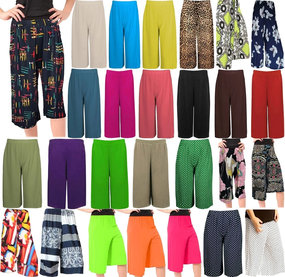 Womens 3/4 Wide Leg Elasticated Waist Culottes Ladies Cropped Flared Capri Pant - Image 1 of 1