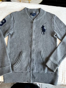 Polo Ralph Lauren Big Pony Boys L 14-16 Zip Up Knit Sweater Cardigan Gray Cotton - Picture 1 of 6