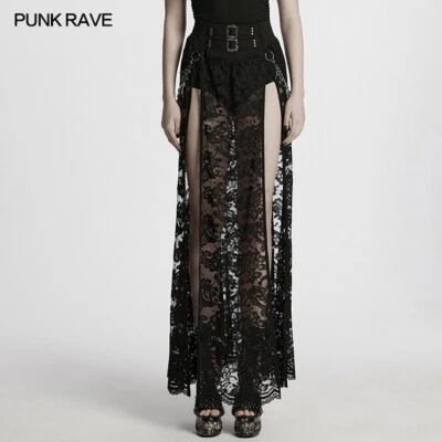 Punk Rave Women Black Sexy Gothic Lace Split Skirt With Detachable Spiked Chain - Image 1 of 4