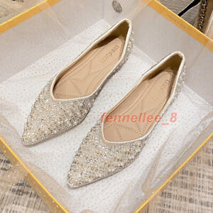 Womens Pointed Toe Rhinestone Loafers Wedding Bridal Flat Shoes Casual Plus Size