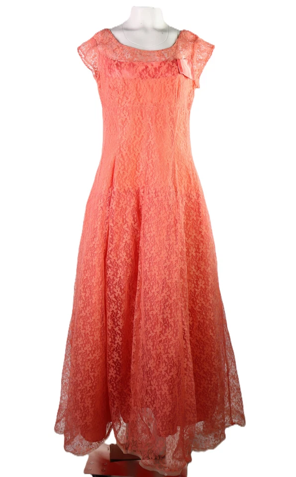 Maxi Vestido De Colección Años 50 EE. UU. Para Mujer 14 16 L XL Rosa Coral Encaje Ajuste y Acampanado Foto 1 de 4