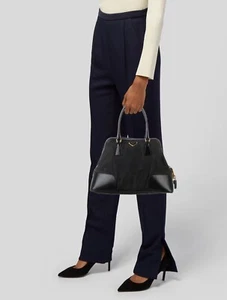 Prada Black Tessuto Nylon Vitello Leather Trim Top Handle Dome Bag Handbag EUC - Picture 1 of 12