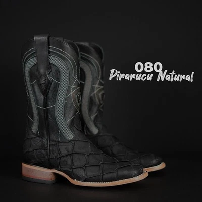 BOTAS MASCULINAS WESTERN COWBOY NATURAL PIRARU PRETO COURO EXÓTICO ESTILO VAQUERAS 080 - Imagem 1 de 3