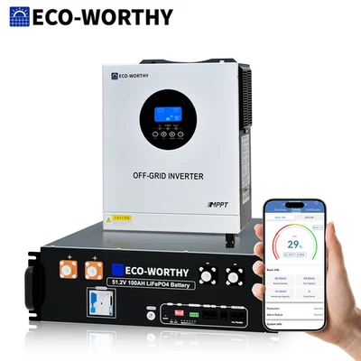 ECO-WORTHY 5.12kWh 48V 100Ah Lithium LiFePO4 Battery+5kW 48V Off-grid Inverter - Image 1 of 4
