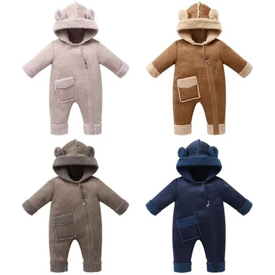 Baby Boys Girls Warm Winter Fleece-Lined Romper Hooded Jumpsuit  Bodysuit AU - image 1 of 3