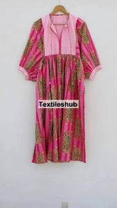 Indian Cotton Pink Striped Tiger Maxi Gown, Deep Neck Dress Women's Clothing US - Picture 1 of 3