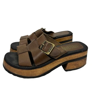 Bongo Y2K Brown Leather Lugged Sole Chunky Buckle Platform Heeled Sandals 6.5 - Image 1 of 4