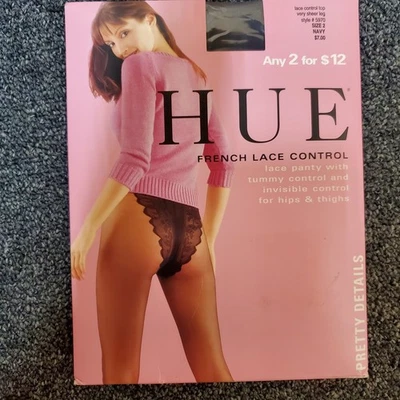 NOS Vintage Hue Pantyhose Tummy Control Size 2 French Lace Panty Navy 110-180 Lb - Image 1 of 4